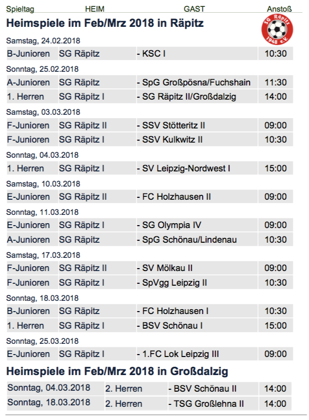 Spielplan SGR 1803