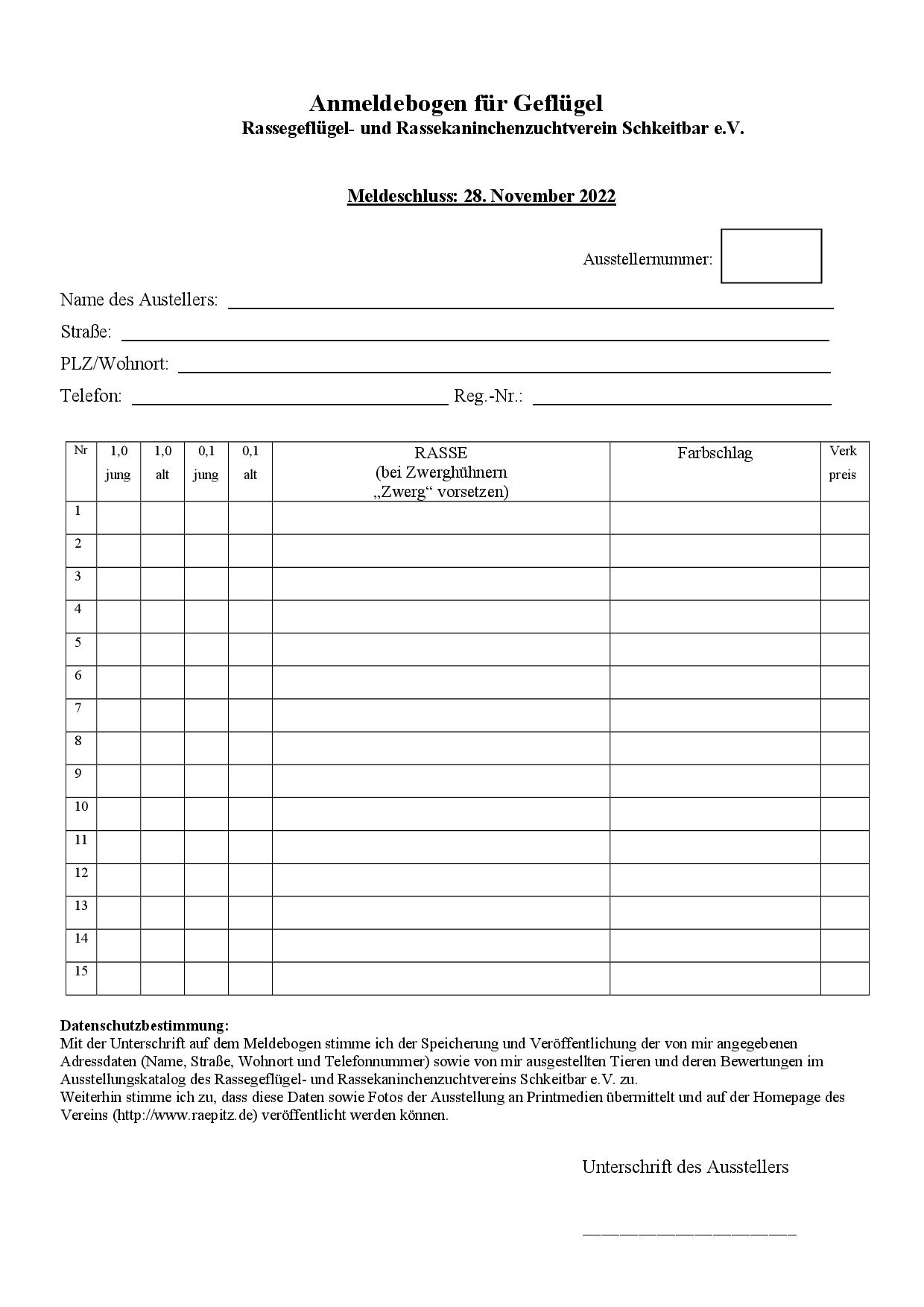 Anmeldebogen für Geflügel 2022